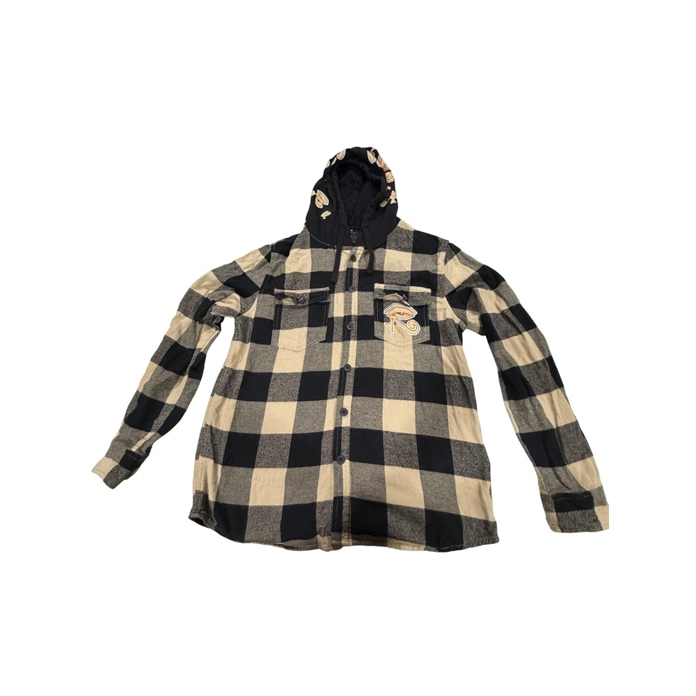 Cactus Man Ricky Singh Black Tan Plaid Hooded Flannel Shirt Eye Graphic Size‎ L